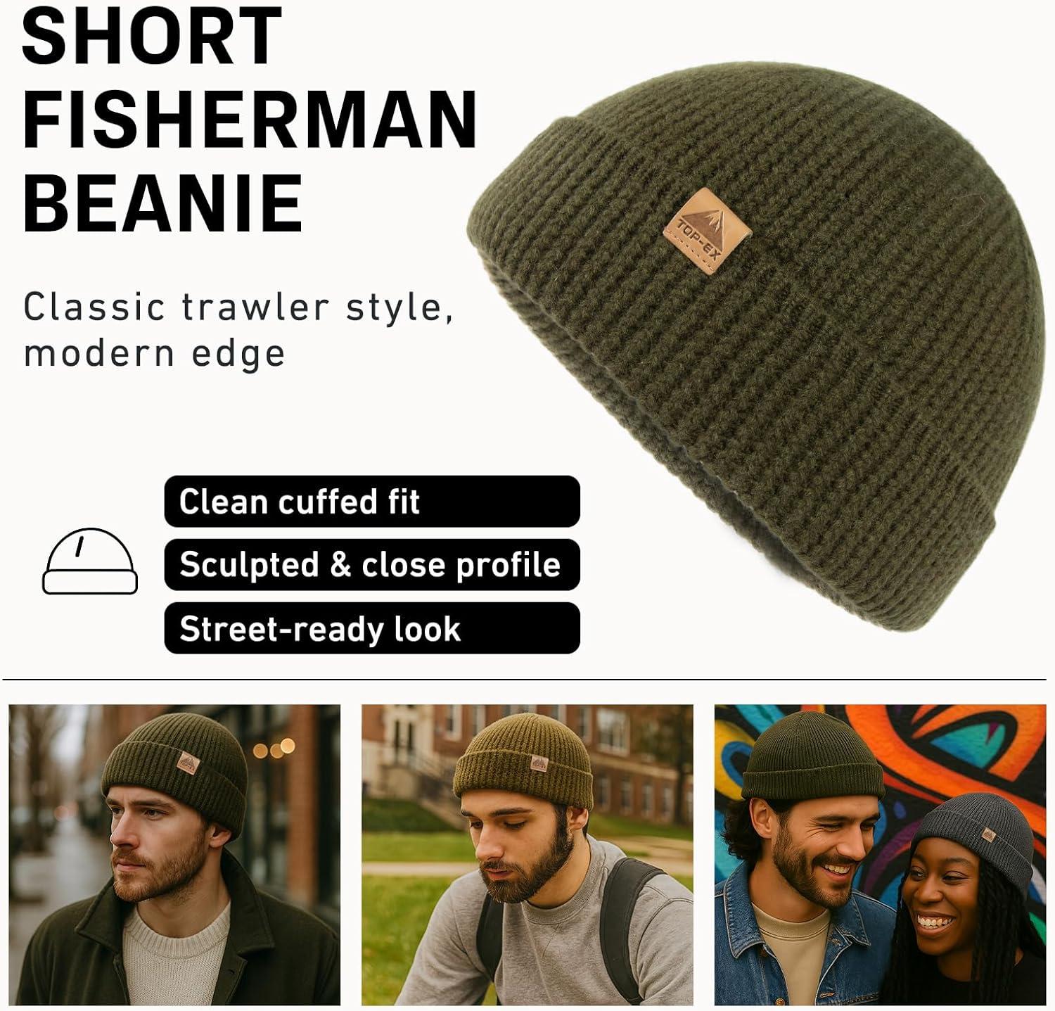 imageTOPEX PolarWool 100 Merino Wool Fisherman Beanie Hat  Soft Single Layer Warm Short Sailor Trawler Cap for Men WomenUrban Olive