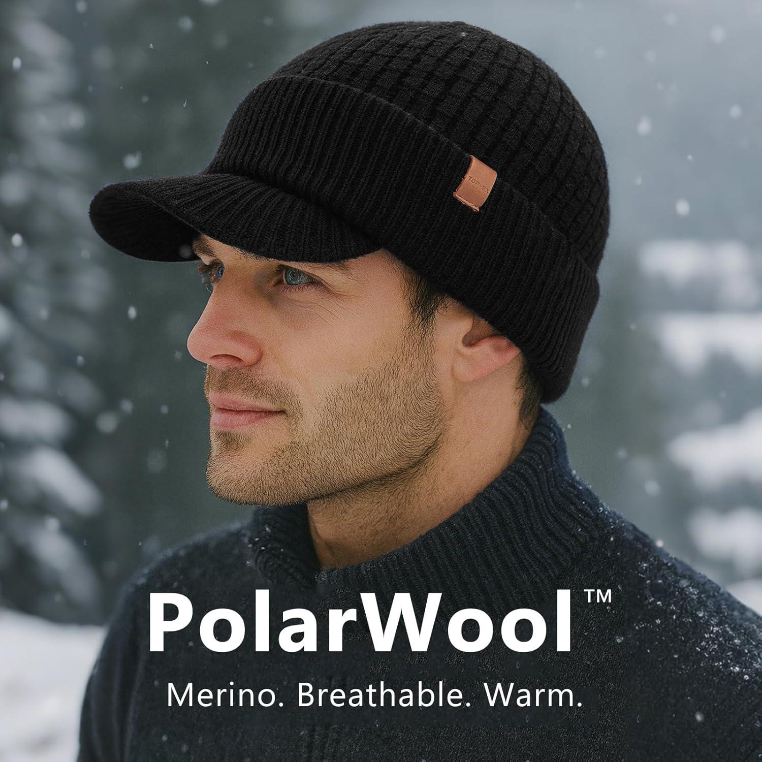 imageTOPEX PolarWool 100 Merino Wool Winter Hat for Men Fleece Lined Visor Beanie with Brim Outdoor Knit Cap for Cold WeatherBlack
