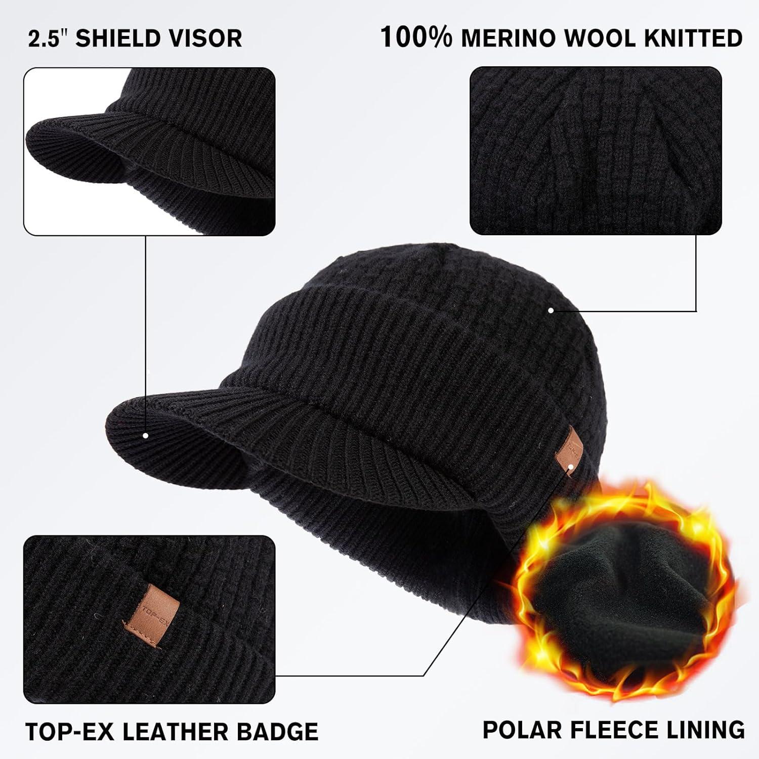 imageTOPEX PolarWool 100 Merino Wool Winter Hat for Men Fleece Lined Visor Beanie with Brim Outdoor Knit Cap for Cold WeatherBlack