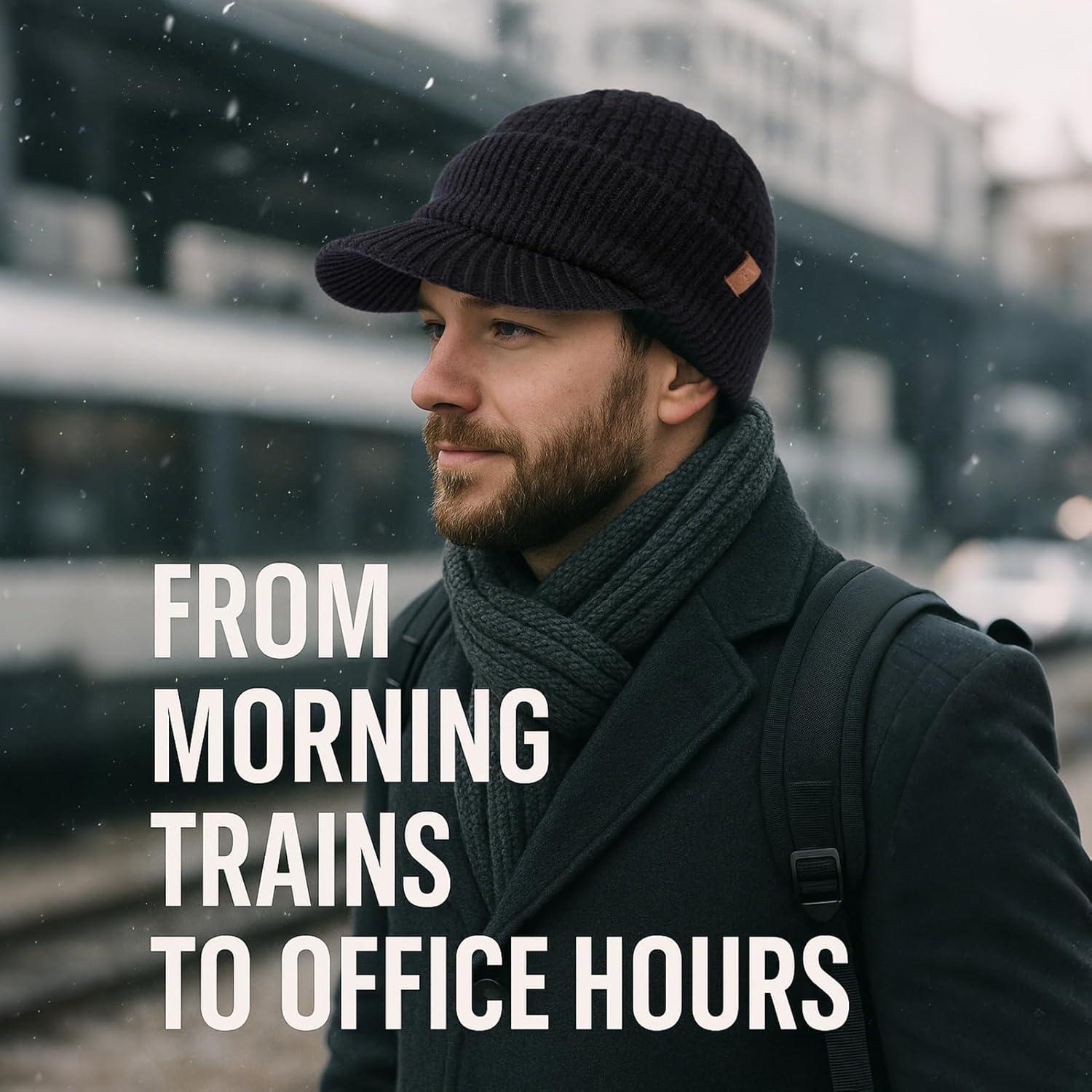 imageTOPEX PolarWool 100 Merino Wool Winter Hat for Men Fleece Lined Visor Beanie with Brim Outdoor Knit Cap for Cold WeatherBlack