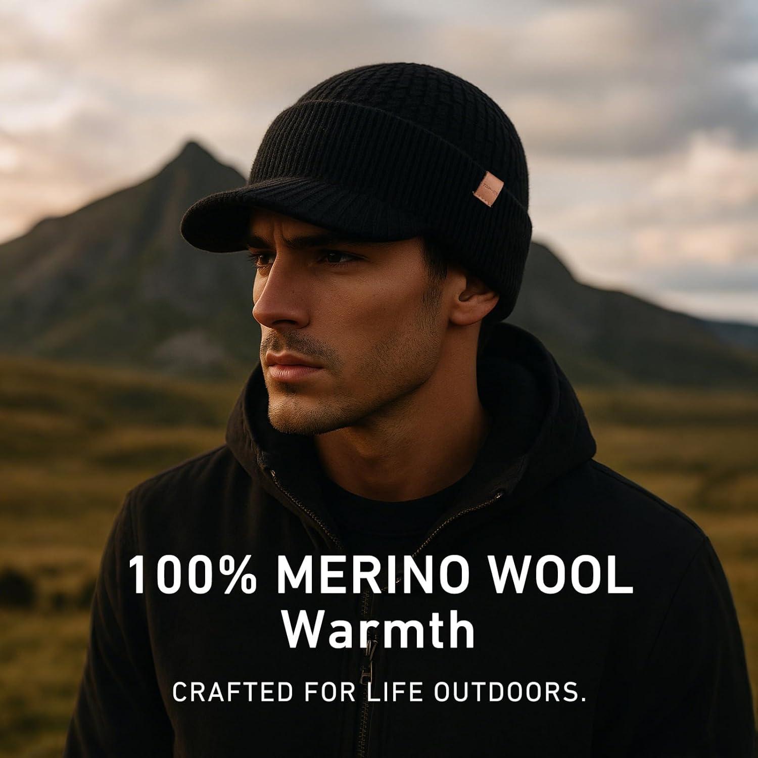 imageTOPEX PolarWool 100 Merino Wool Winter Hat for Men Fleece Lined Visor Beanie with Brim Outdoor Knit Cap for Cold WeatherBlack