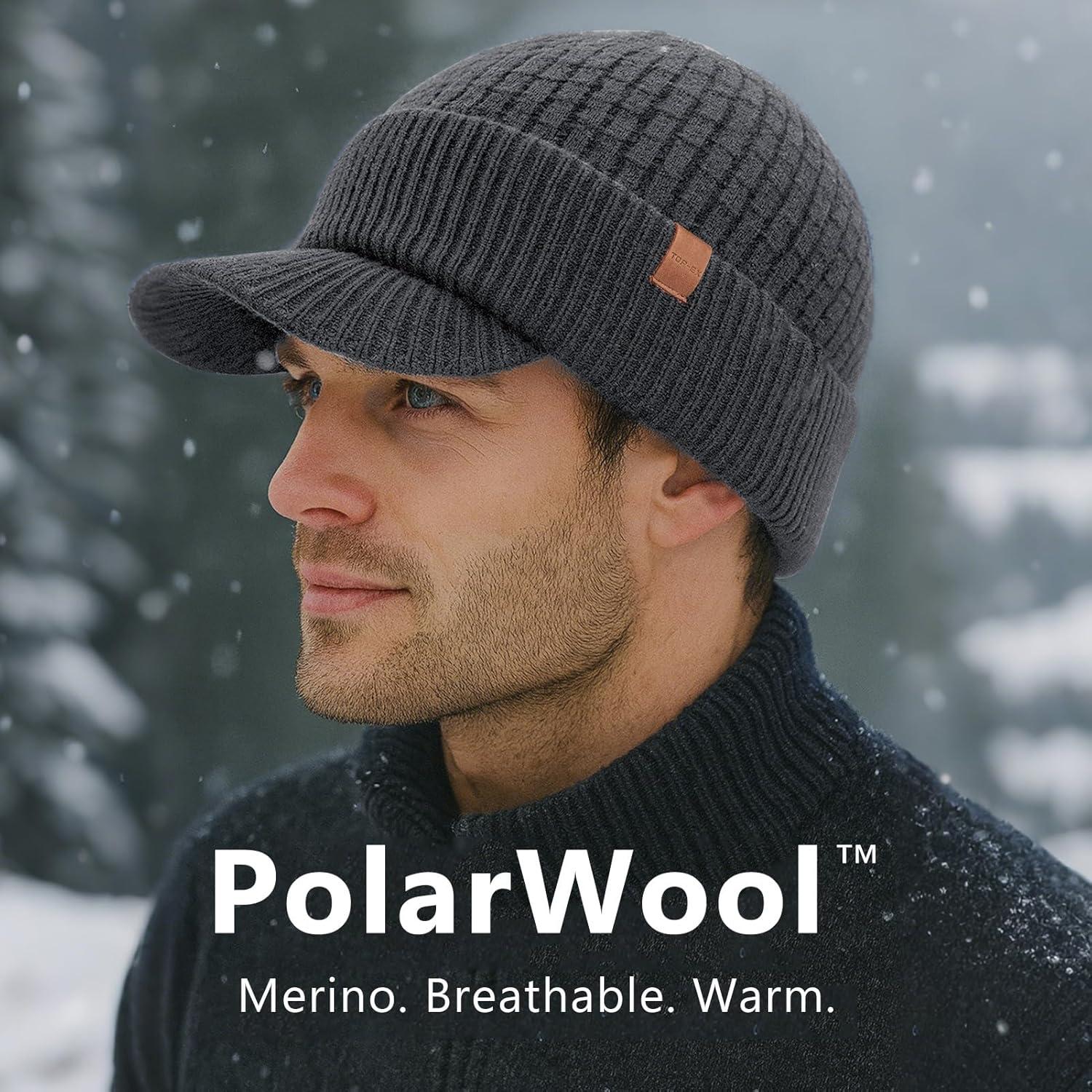 imageTOPEX PolarWool 100 Merino Wool Winter Hat for Men Fleece Lined Visor Beanie with Brim Outdoor Knit Cap for Cold WeatherGray