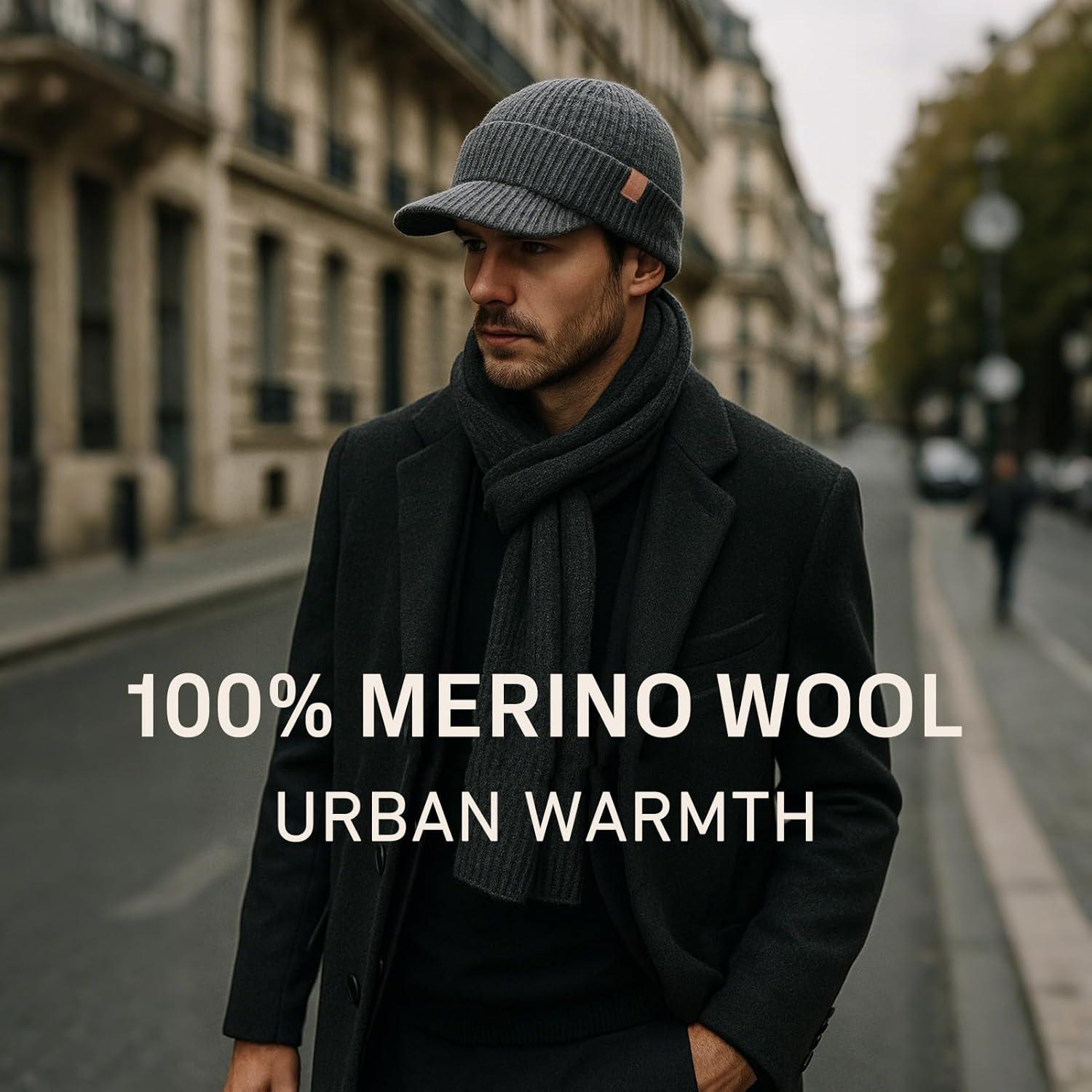 imageTOPEX PolarWool 100 Merino Wool Winter Hat for Men Fleece Lined Visor Beanie with Brim Outdoor Knit Cap for Cold WeatherGray