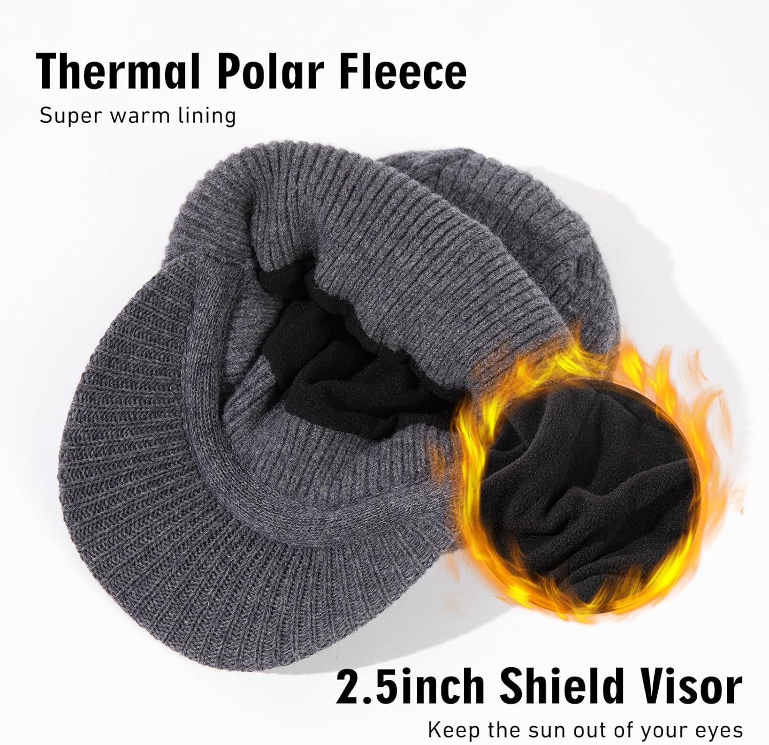 imageTOPEX PolarWool 100 Merino Wool Winter Hat for Men Fleece Lined Visor Beanie with Brim Outdoor Knit Cap for Cold WeatherGray