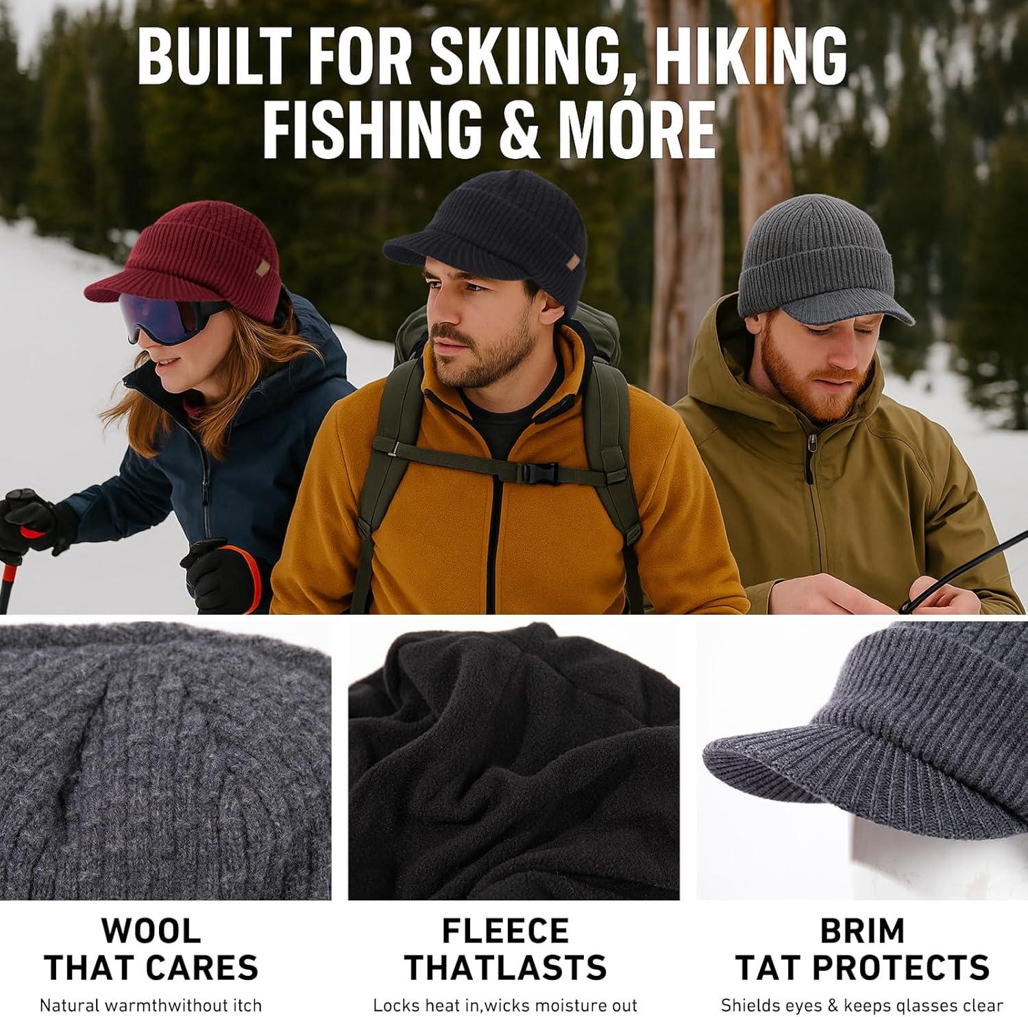 imageTOPEX PolarWool 100 Merino Wool Winter Hat for Men Fleece Lined Visor Beanie with Brim Outdoor Knit Cap for Cold WeatherGray