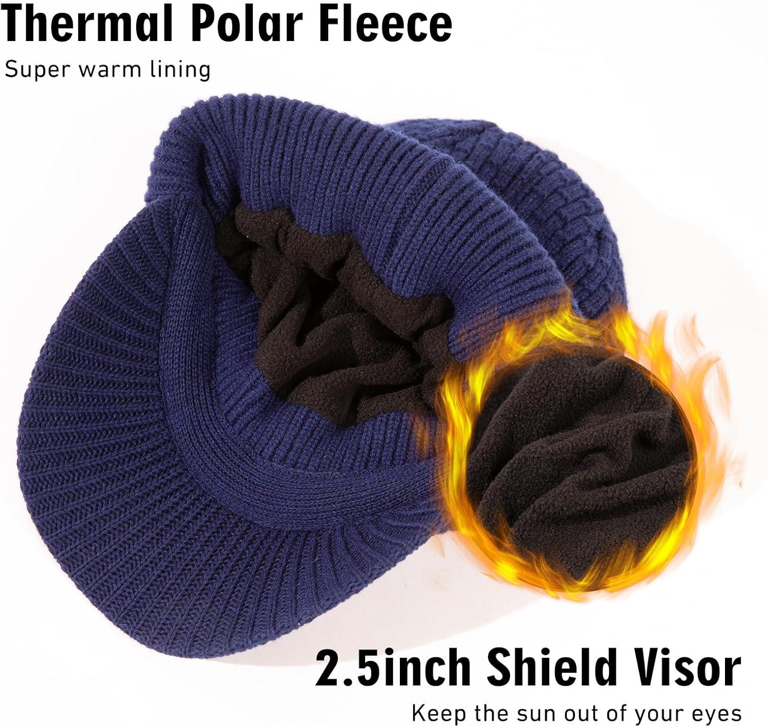 imageTOPEX PolarWool 100 Merino Wool Winter Hat for Men Fleece Lined Visor Beanie with Brim Outdoor Knit Cap for Cold WeatherNavy