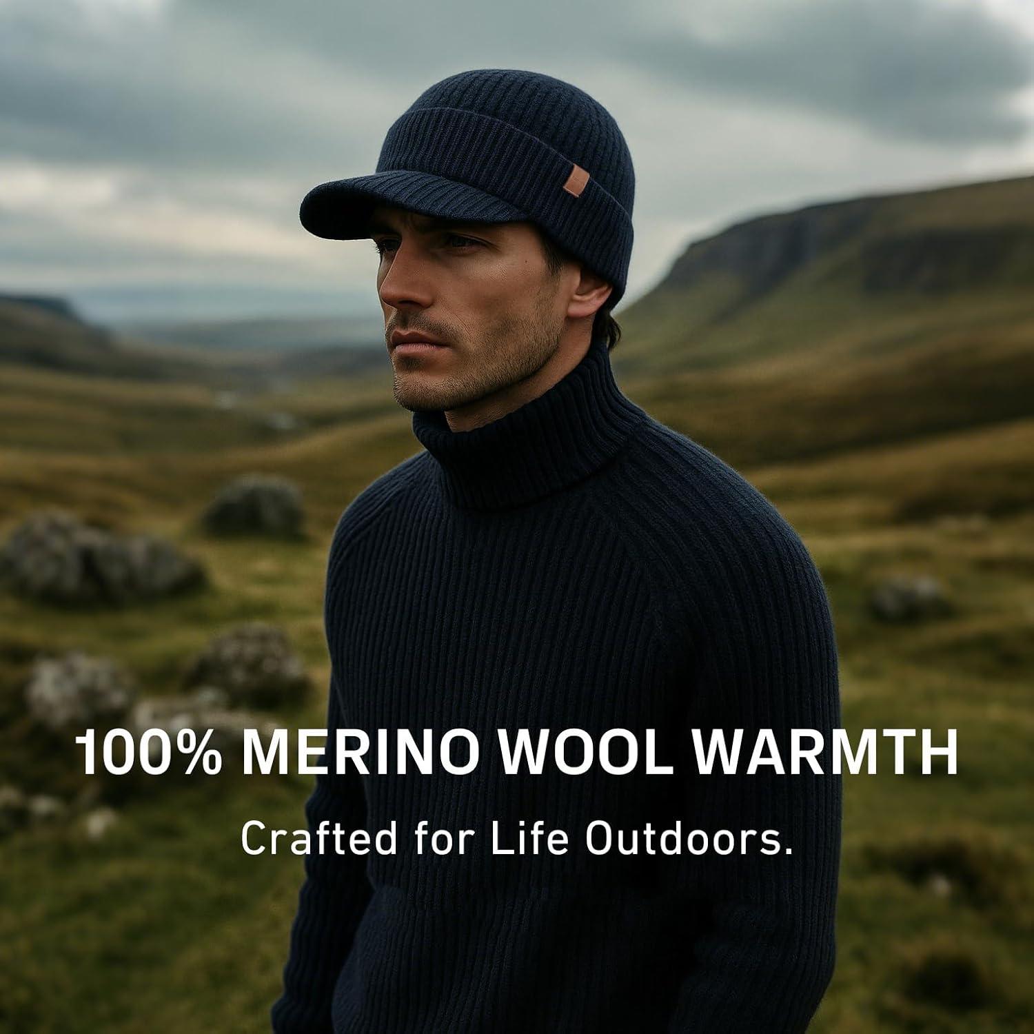 imageTOPEX PolarWool 100 Merino Wool Winter Hat for Men Fleece Lined Visor Beanie with Brim Outdoor Knit Cap for Cold WeatherNavy