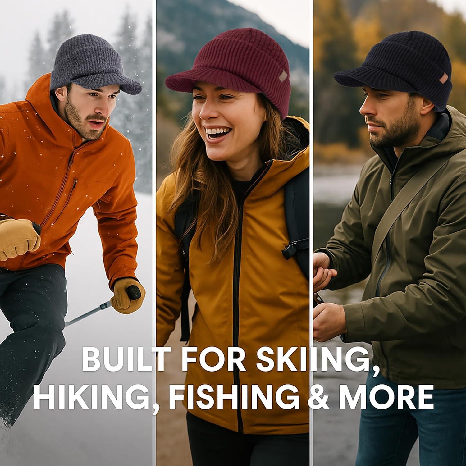 imageTOPEX PolarWool 100 Merino Wool Winter Hat for Men Fleece Lined Visor Beanie with Brim Outdoor Knit Cap for Cold WeatherNavy