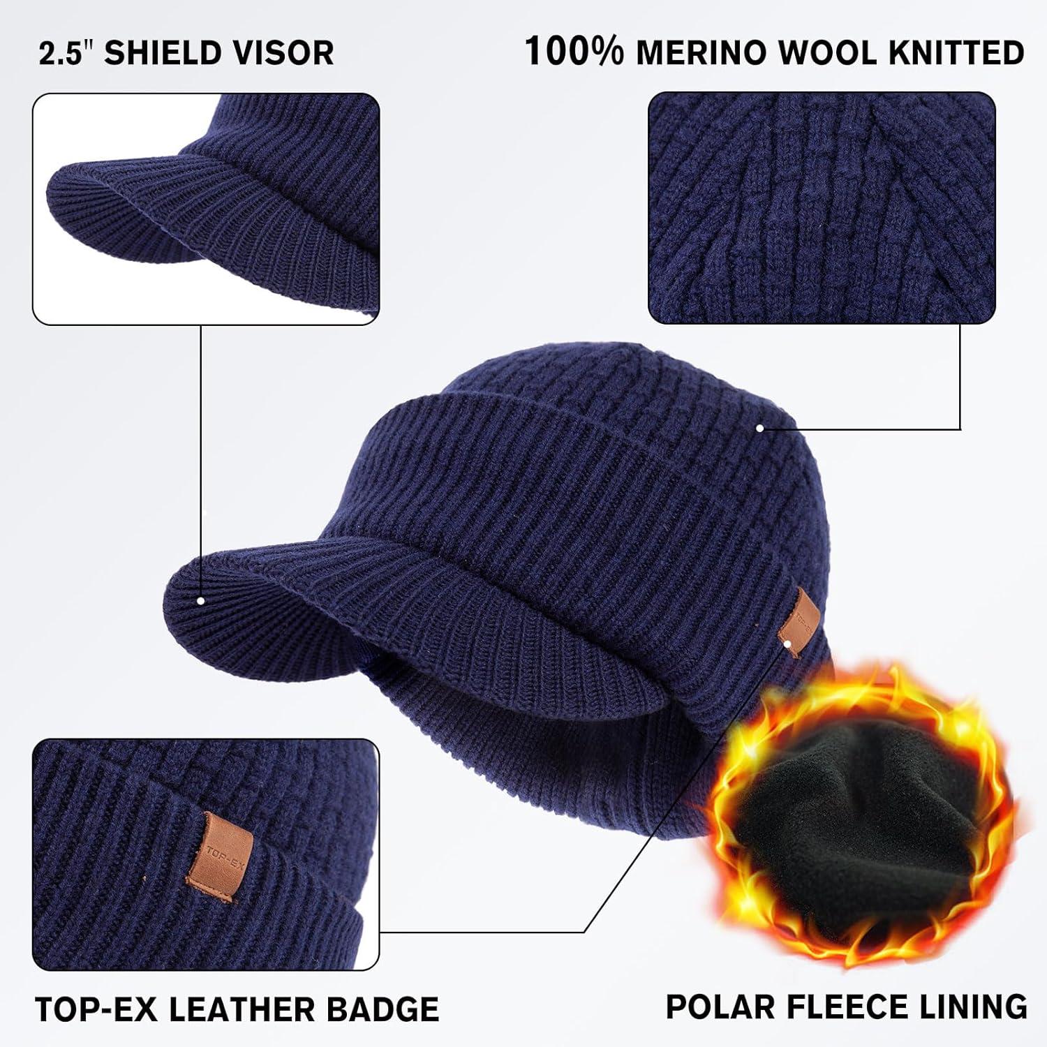 imageTOPEX PolarWool 100 Merino Wool Winter Hat for Men Fleece Lined Visor Beanie with Brim Outdoor Knit Cap for Cold WeatherNavy