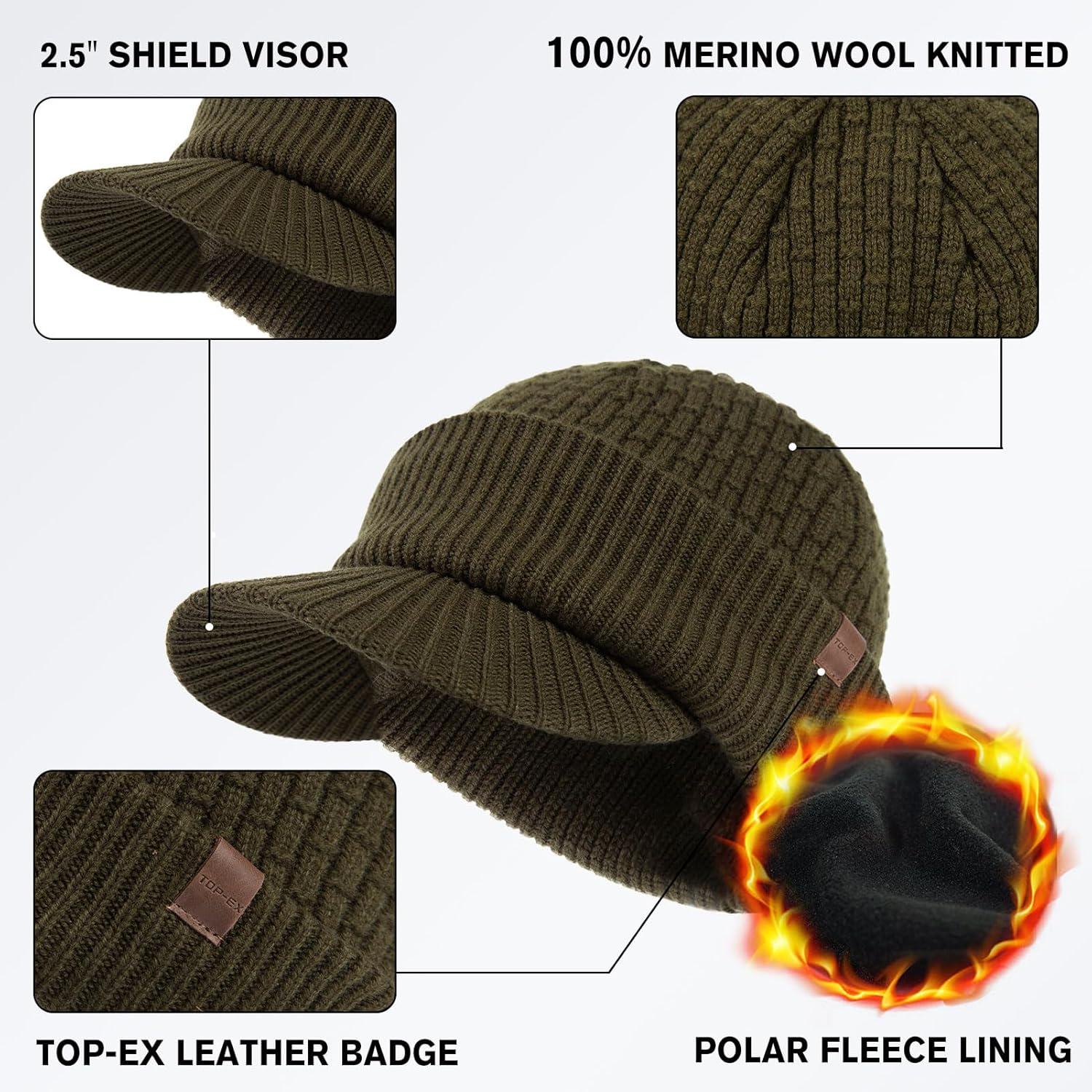 imageTOPEX PolarWool 100 Merino Wool Winter Hat for Men Fleece Lined Visor Beanie with Brim Outdoor Knit Cap for Cold WeatherOlive Green