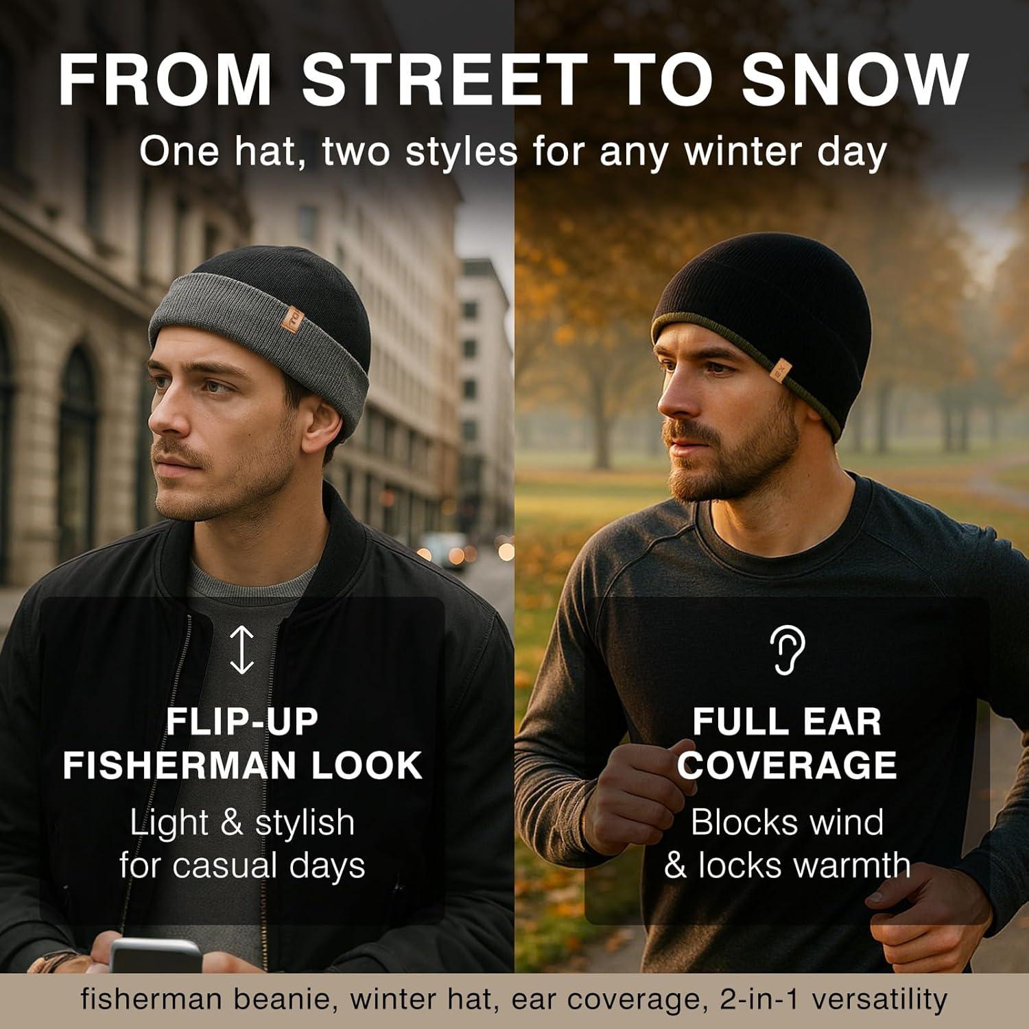 imageTOPEX PolarWool Merino Wool Fisherman Beanie  Dual Layer Knit Hat with Two Styles for Large HeadsArmy Green