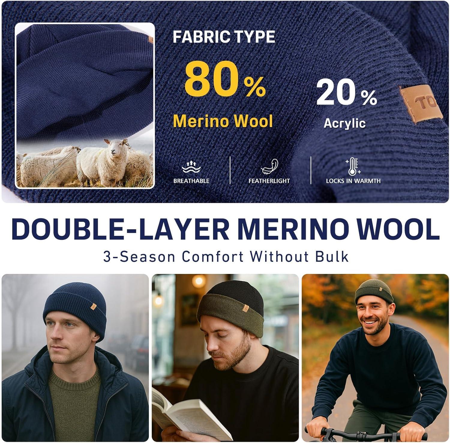 imageTOPEX PolarWool Merino Wool Fisherman Beanie  Dual Layer Knit Hat with Two Styles for Large HeadsArmy Green