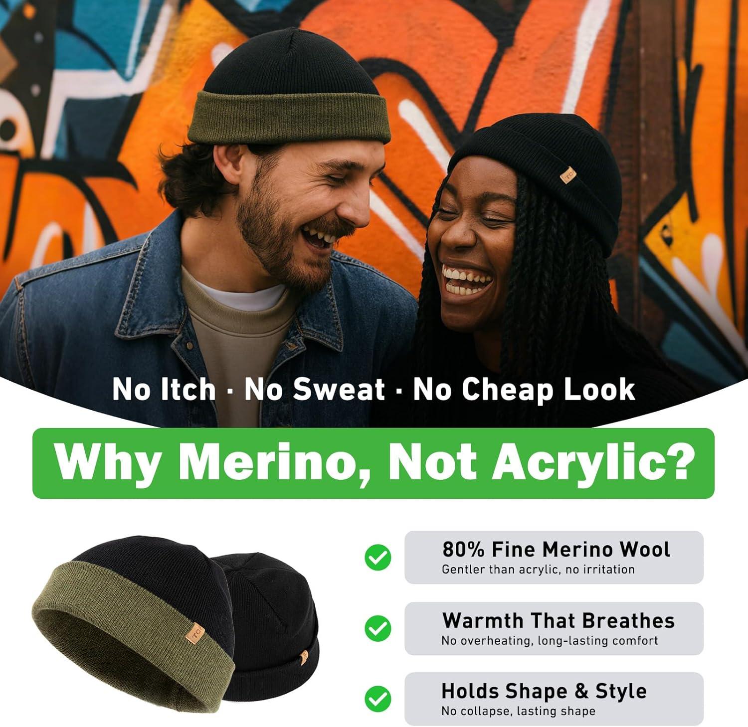 imageTOPEX PolarWool Merino Wool Fisherman Beanie  Dual Layer Knit Hat with Two Styles for Large HeadsBlack  Army Green
