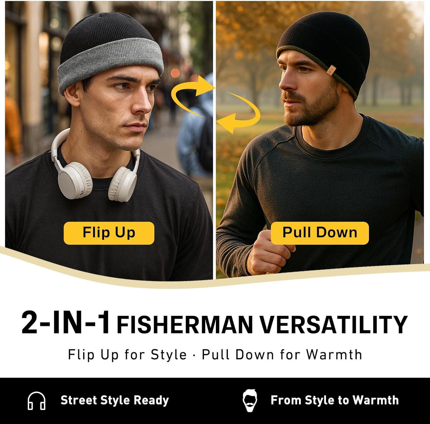 imageTOPEX PolarWool Merino Wool Fisherman Beanie  Dual Layer Knit Hat with Two Styles for Large HeadsBlack  Gray