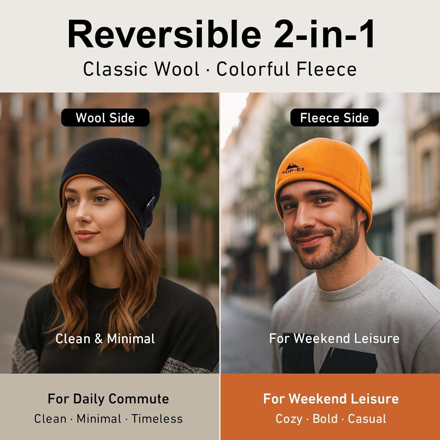 imageTOPEX PolarWool Wool Beanie Hat for Men Women Fleece Lined Skull Cap Winter Knit Hat Watch Caps Reversible ampamp WindproofBlack