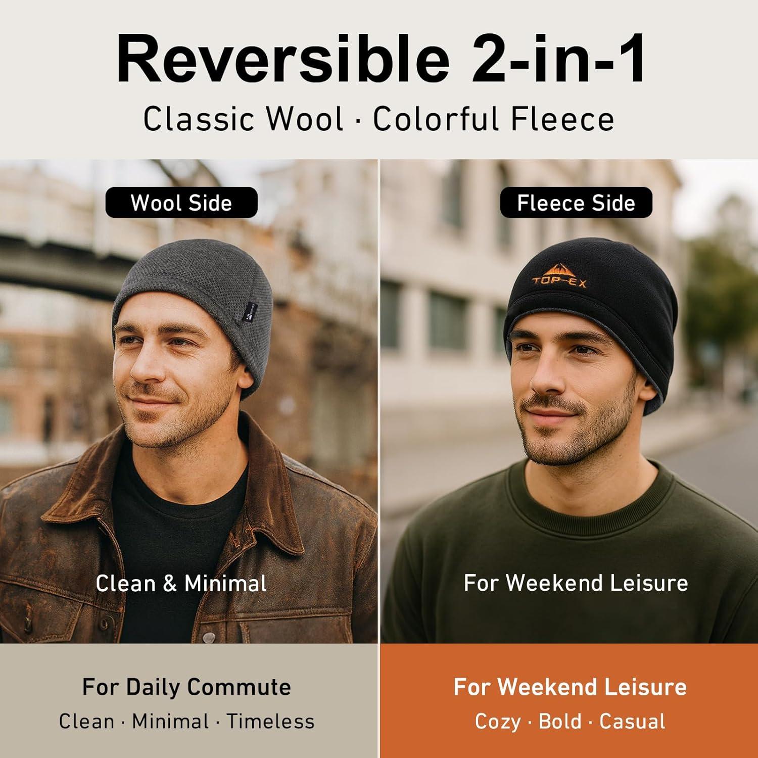 imageTOPEX PolarWool Wool Beanie Hat for Men Women Fleece Lined Skull Cap Winter Knit Hat Watch Caps Reversible ampamp WindproofGrey