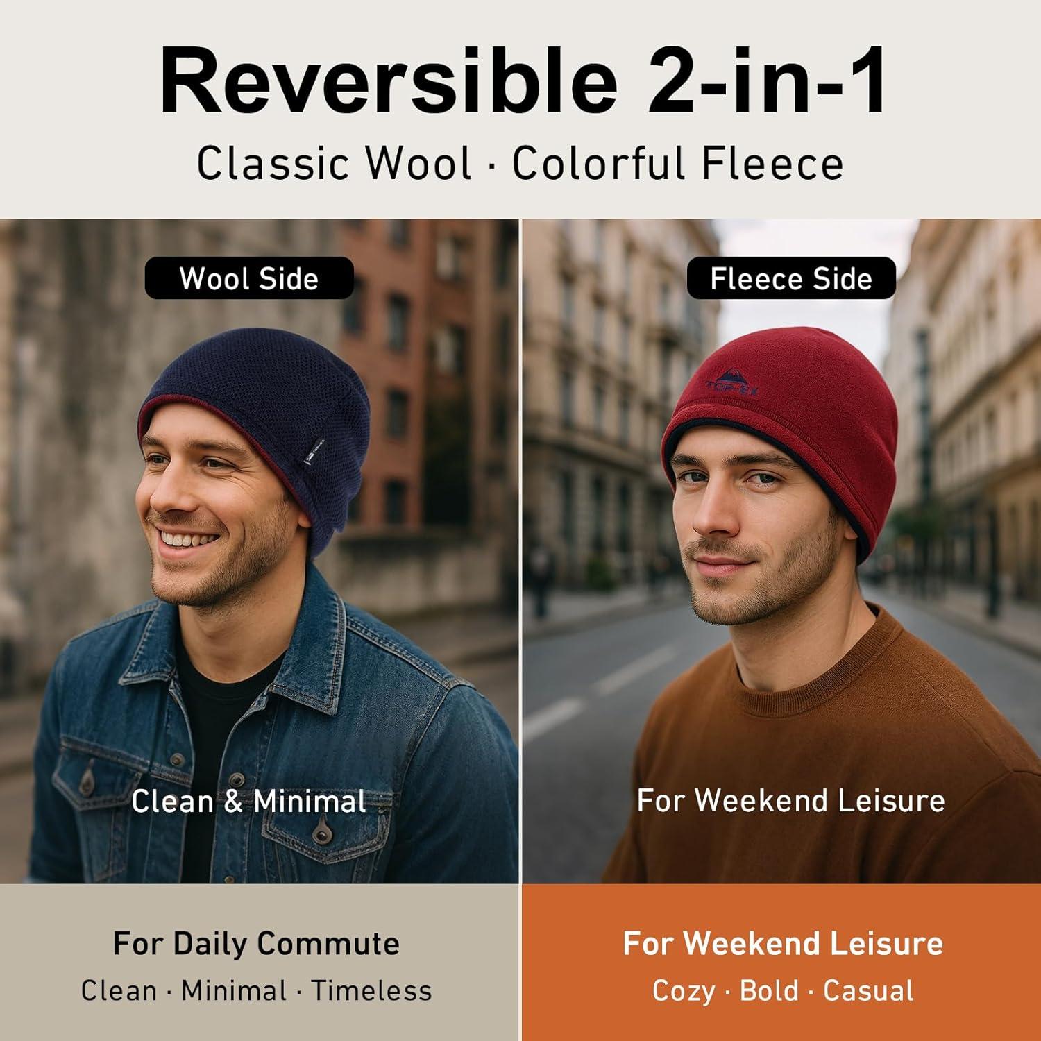 imageTOPEX PolarWool Wool Beanie Hat for Men Women Fleece Lined Skull Cap Winter Knit Hat Watch Caps Reversible ampamp WindproofNavy Blue