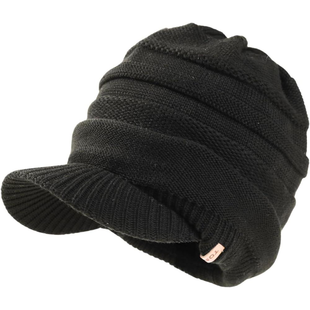 imageTOPEX DryKnit Winter Waterproof Merino Wool Visor Beanie Hat with Brim for Men Women Knit Cap Stocking Warm Fleece LinedBlack584