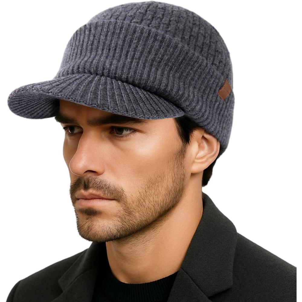 imageTOPEX PolarWool 100 Merino Wool Winter Hat for Men Fleece Lined Visor Beanie with Brim Outdoor Knit Cap for Cold WeatherGray