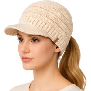 imageTOPEX ChicPony Hidden Ponytail Beanie for Women with Brim Icelandic Wool Knit Hat Fleece Lined Warm Winter HatBeige