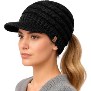 imageTOPEX ChicPony Hidden Ponytail Beanie for Women with Brim Icelandic Wool Knit Hat Fleece Lined Warm Winter HatBlack