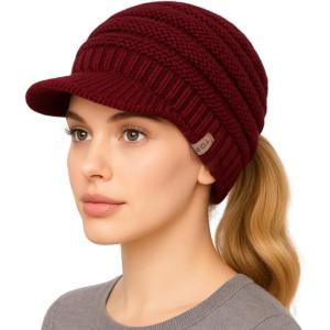 imageTOPEX ChicPony Hidden Ponytail Beanie for Women with Brim Icelandic Wool Knit Hat Fleece Lined Warm Winter HatBurgundy
