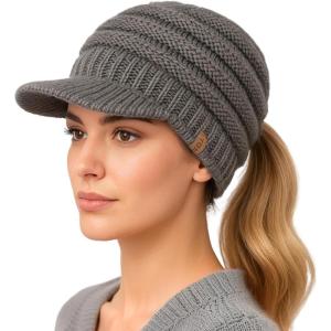 imageTOPEX ChicPony Hidden Ponytail Beanie for Women with Brim Icelandic Wool Knit Hat Fleece Lined Warm Winter HatGrey