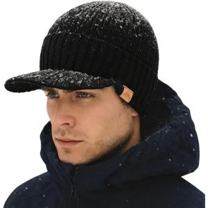 imageTOPEX DryKnit 50 Merino Wool Waterproof Winter Beanie Hat with Brim Fleece Lined Knit Cap for Cold Weather ampamp Large HeadBlack