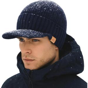imageTOPEX DryKnit 50 Merino Wool Waterproof Winter Beanie Hat with Brim Fleece Lined Knit Cap for Cold Weather ampamp Large HeadBlue