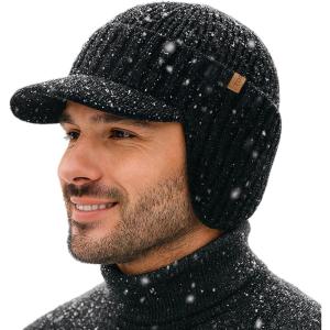 imageTOPEX DryKnit Waterproof Merino Wool Beanie Hat with Brim Ear Flaps Fleece Lined Ski Cap for Cold Weather ampamp Large HeadsBlack