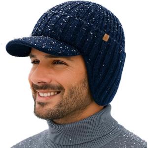 imageTOPEX DryKnit Waterproof Merino Wool Beanie Hat with Brim Ear Flaps Fleece Lined Ski Cap for Cold Weather ampamp Large HeadsNavy