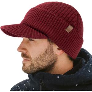 imageTOPEX PolarWool 100 Merino Wool Winter Hat for Men Fleece Lined Visor Beanie with Brim Outdoor Knit Cap for Cold WeatherBurgundy
