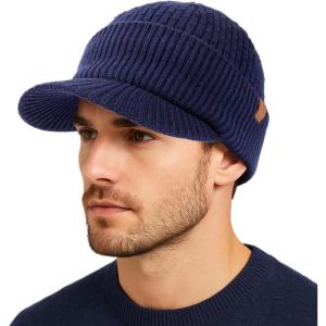 imageTOPEX PolarWool 100 Merino Wool Winter Hat for Men Fleece Lined Visor Beanie with Brim Outdoor Knit Cap for Cold WeatherNavy