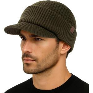 imageTOPEX PolarWool 100 Merino Wool Winter Hat for Men Fleece Lined Visor Beanie with Brim Outdoor Knit Cap for Cold WeatherOlive Green