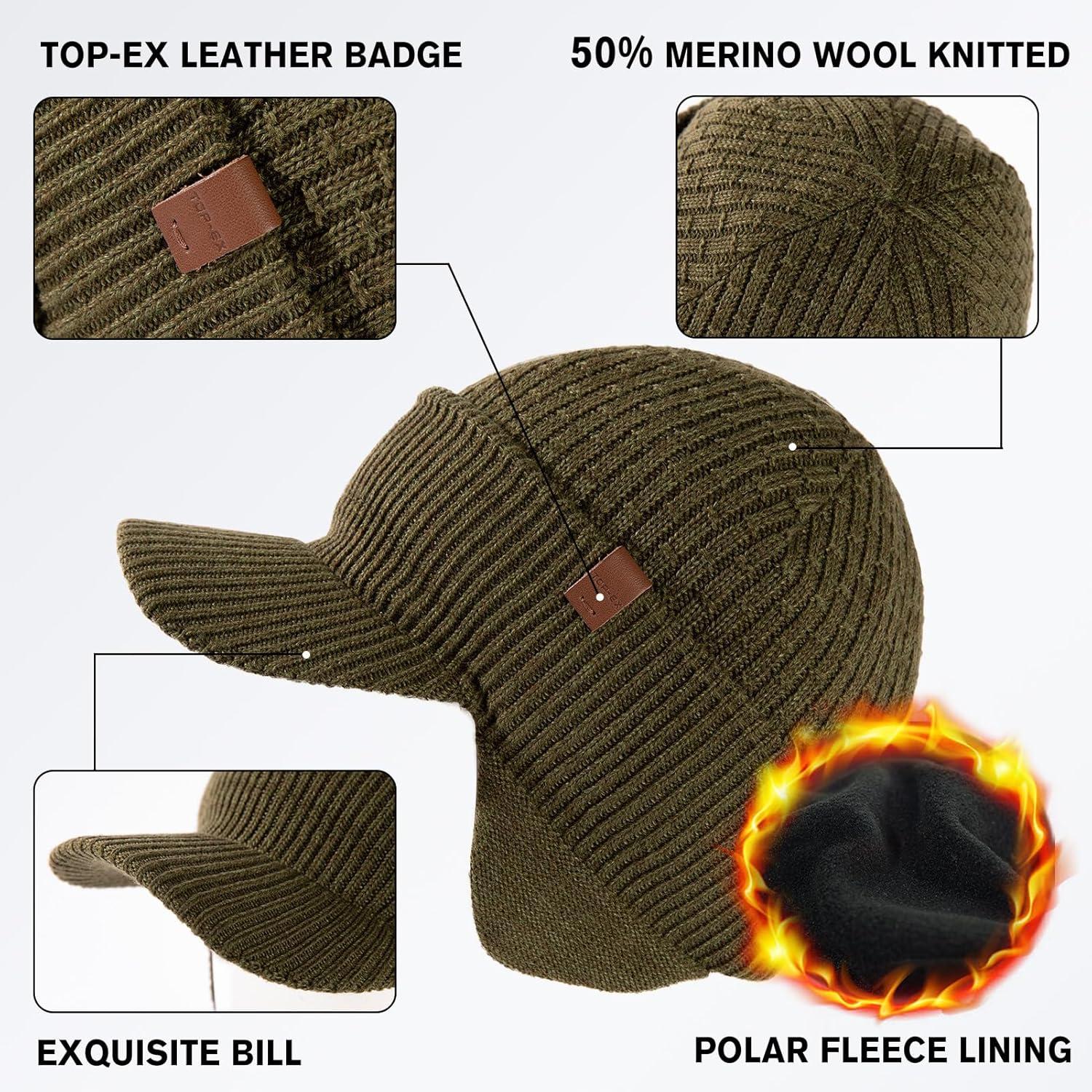 imageTOPEX DryKnit 50 Merino Wool Winter Hats Beanie with Brim Waterproof Warm Fleece Lined for Cold WeatherUpdated Earflap Stylegreen Waterproof