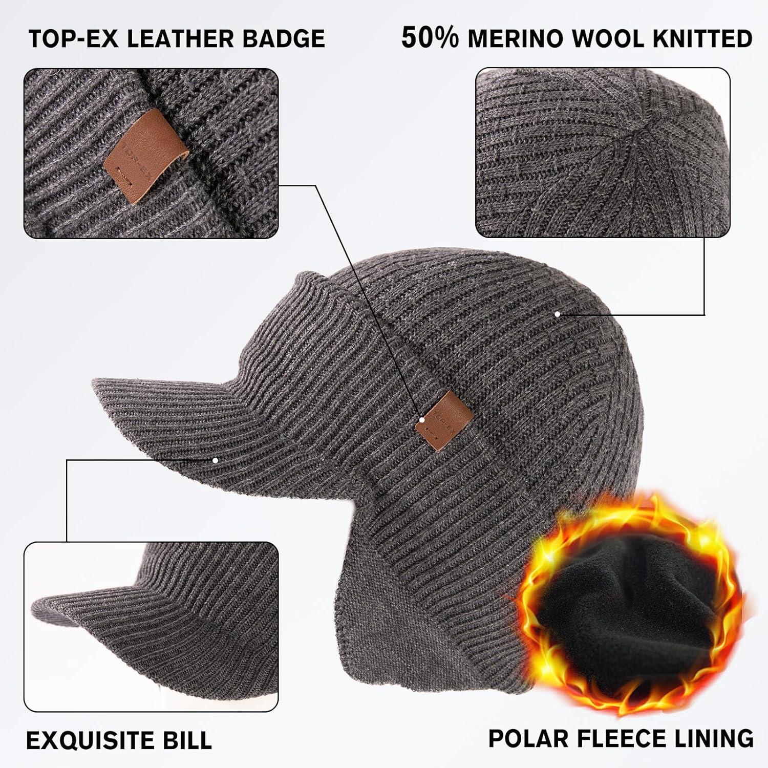 imageTOPEX DryKnit XLXXL 50 Merino Wool Waterproof Brim Beanie with Ear Flaps Fleece Lined for All WeatherGrey Waterproof
