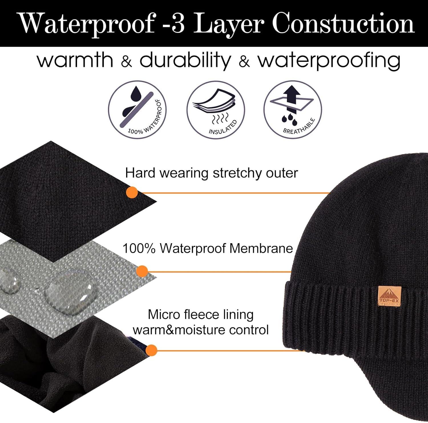 imageTOPEX XLXXL 80 Merino Wool Waterproof Beanie for Men Women with Ear Flap Winter Fleece Lined Beanie Outdoor Skiing Hat Black Medium