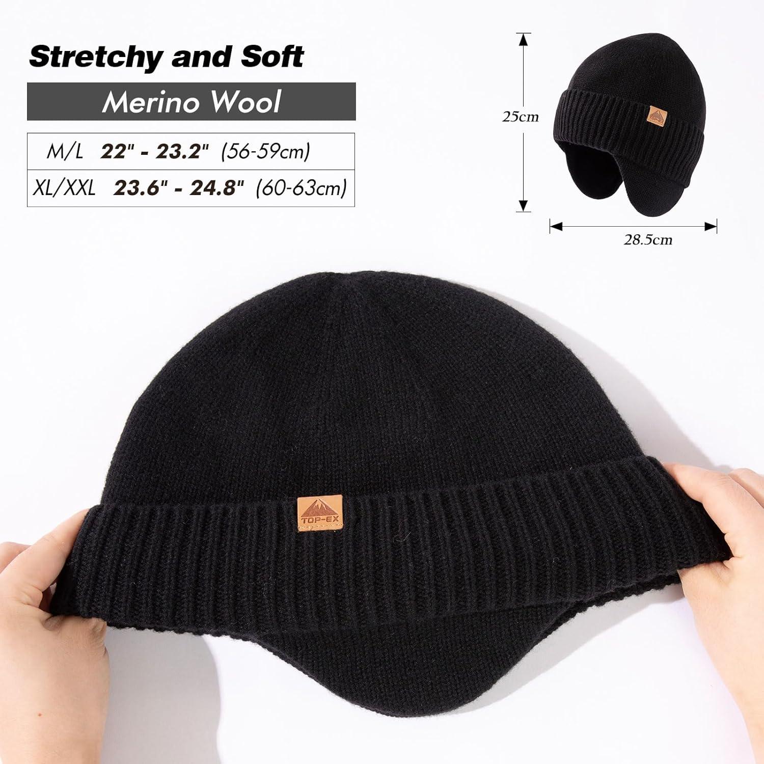 imageTOPEX XLXXL 80 Merino Wool Waterproof Beanie for Men Women with Ear Flap Winter Fleece Lined Beanie Outdoor Skiing Hat Black Medium