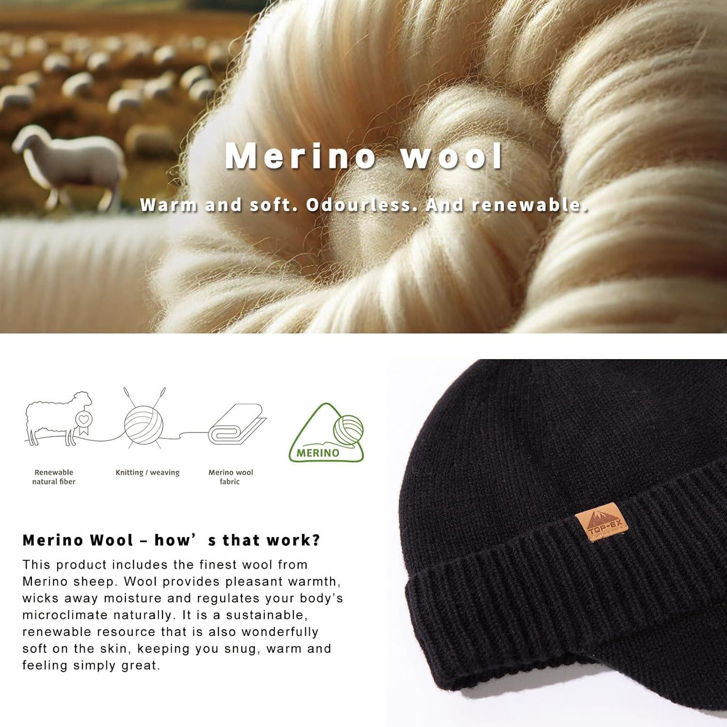 imageTOPEX XLXXL 80 Merino Wool Waterproof Beanie for Men Women with Ear Flap Winter Fleece Lined Beanie Outdoor Skiing Hat Black Medium