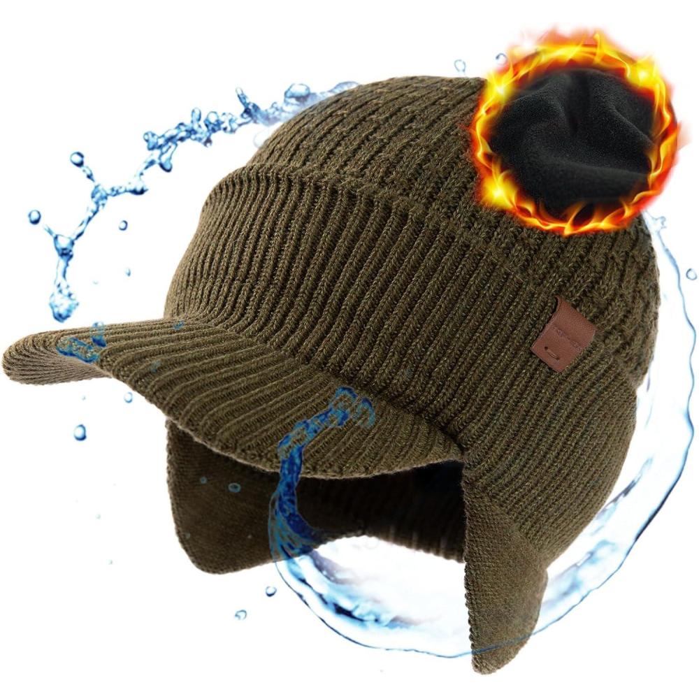 imageTOPEX DryKnit 50 Merino Wool Winter Hats Beanie with Brim Waterproof Warm Fleece Lined for Cold WeatherUpdated Earflap Stylegreen Waterproof