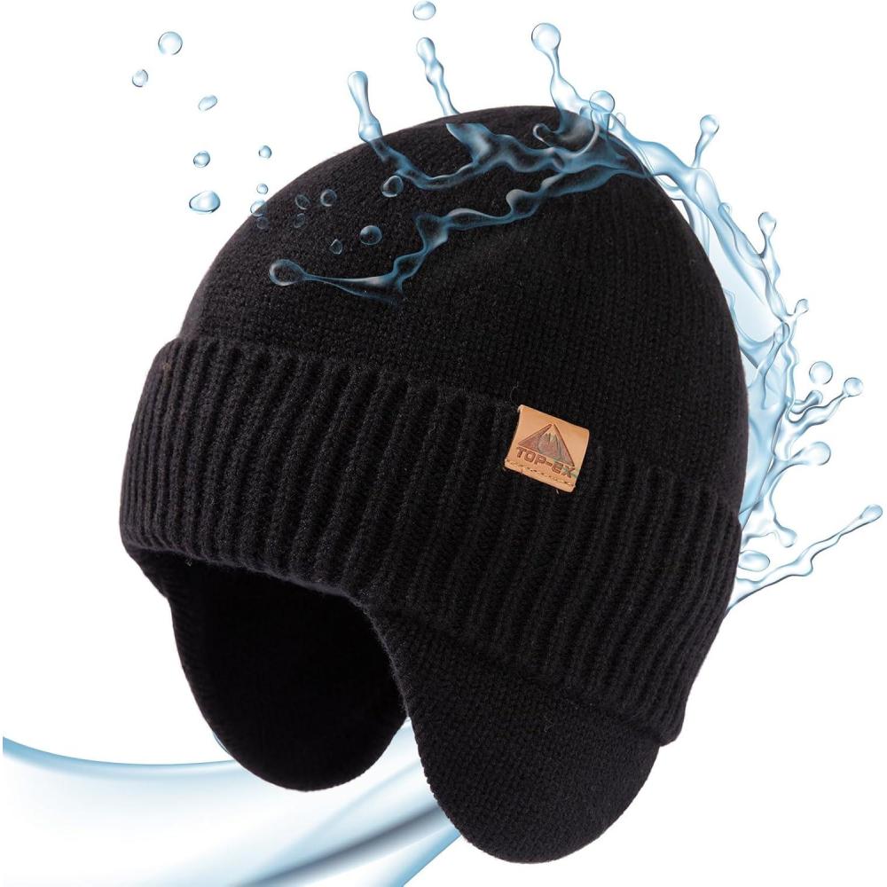 imageTOPEX XLXXL 80 Merino Wool Waterproof Beanie for Men Women with Ear Flap Winter Fleece Lined Beanie Outdoor Skiing Hat Black Medium