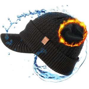 imageTOPEX DryKnit 50 Merino Wool Winter Hats Beanie with Brim Waterproof Warm Fleece Lined for Cold WeatherUpdated Black Waterproof