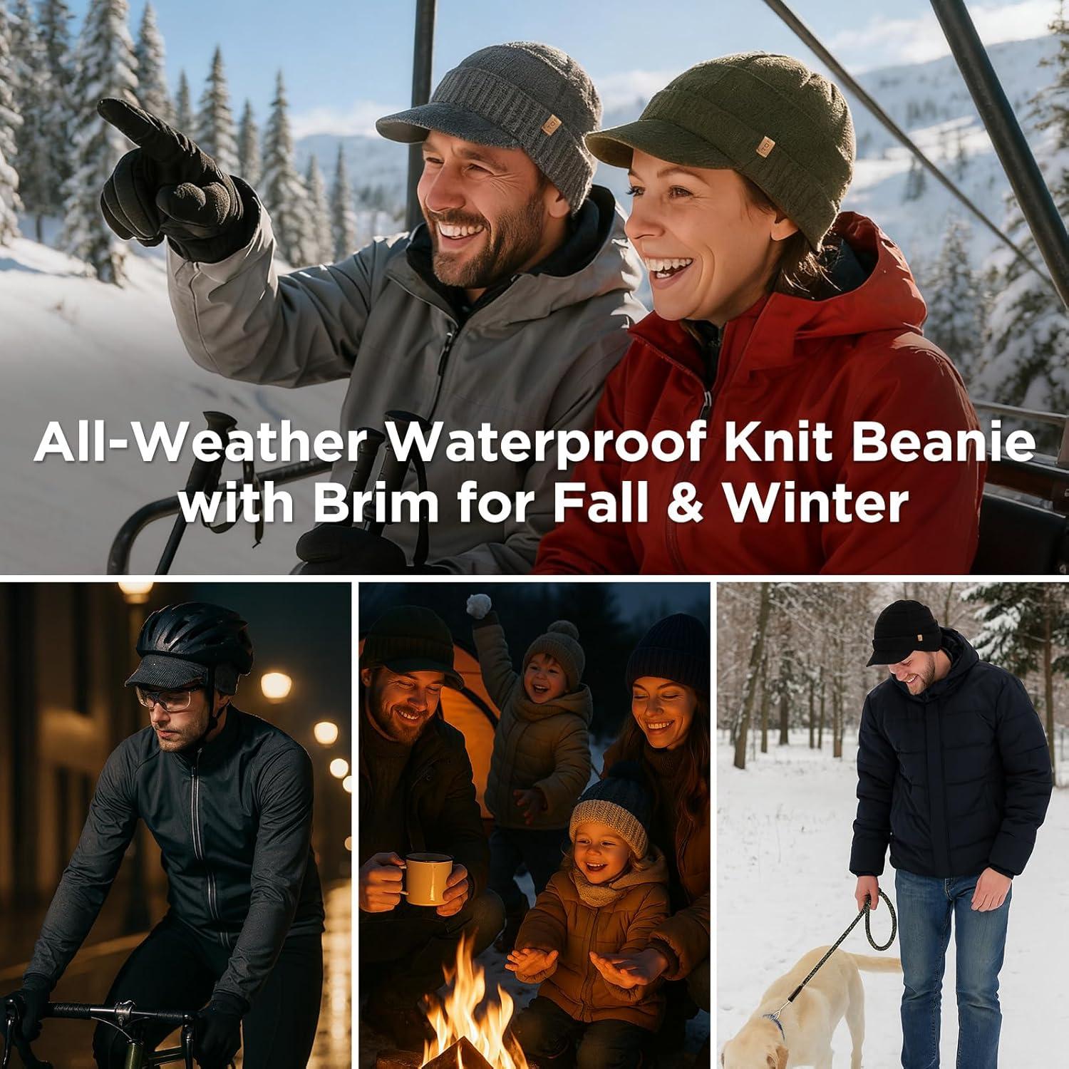 imageDryKnit Waterproof LXLXXL Fleece Lined Merino Wool Blend Beanie with Brim Visor Cap Warm Winter Hat for Men WomenGrayurban