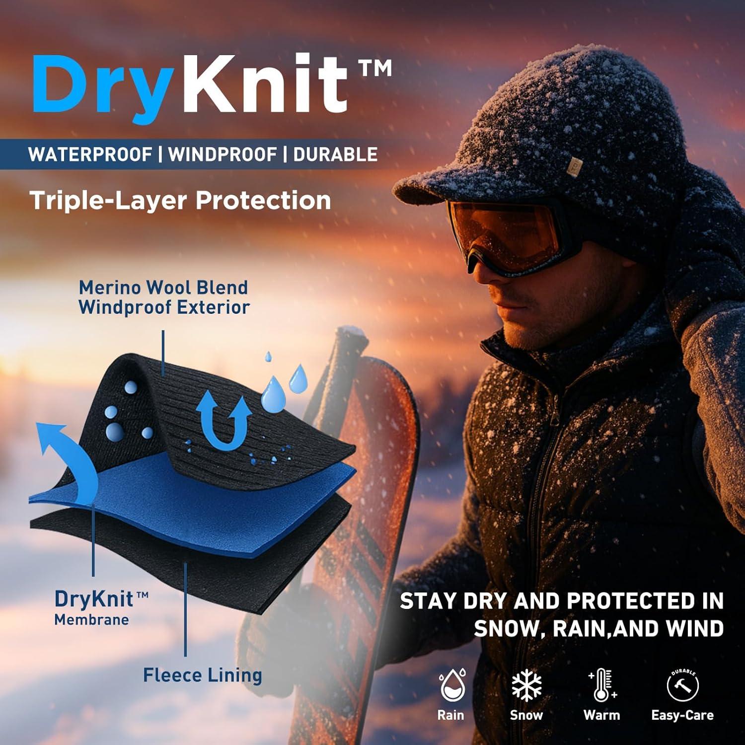 imageDryKnit Waterproof LXLXXL Fleece Lined Merino Wool Blend Beanie with Brim Visor Cap Warm Winter Hat for Men WomenGrayurban