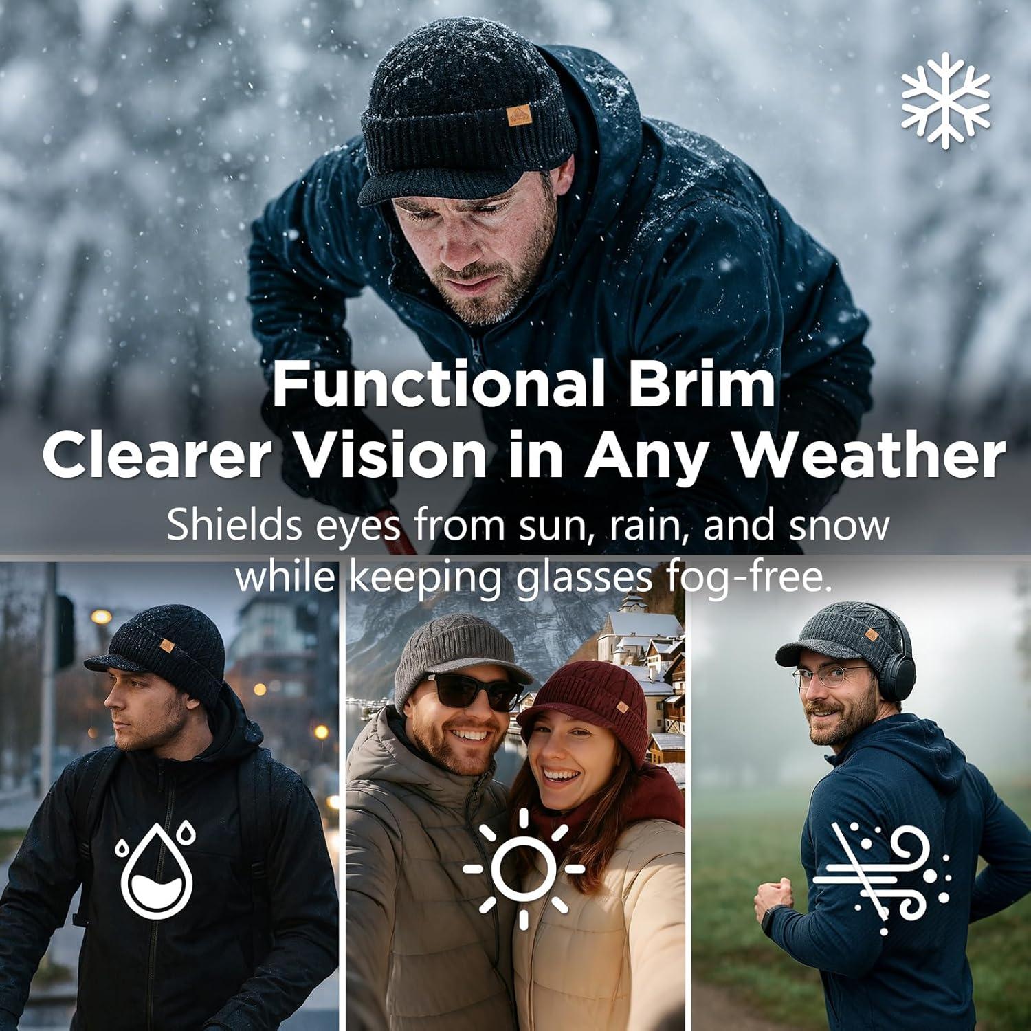 imageDryKnit Waterproof Merino Wool LXLXXL Beanie Hat with Brim Visor Cap Warm Winter Knit Hat for Men WomenBurgundyember