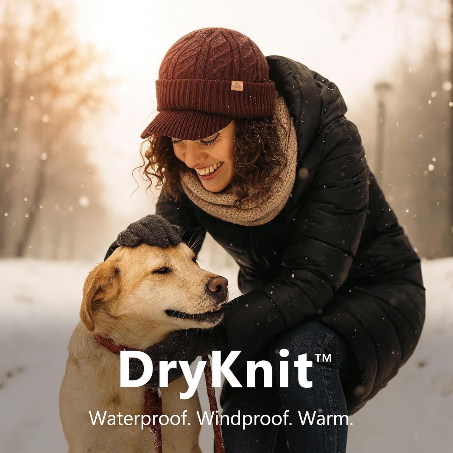 imageDryKnit Waterproof Merino Wool LXLXXL Beanie Hat with Brim Visor Cap Warm Winter Knit Hat for Men WomenBurgundyember