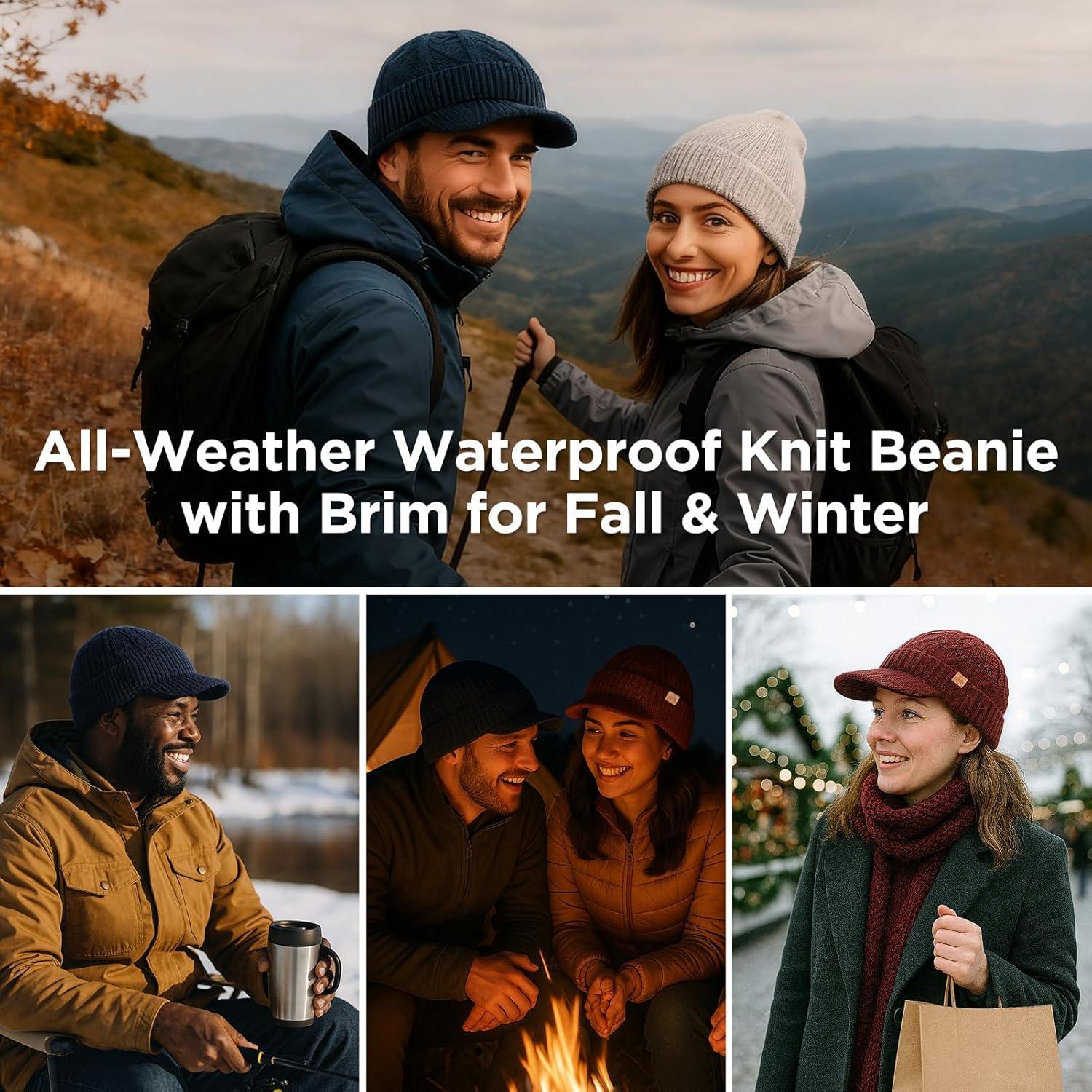 imageDryKnit Waterproof Merino Wool LXLXXL Beanie Hat with Brim Visor Cap Warm Winter Knit Hat for Men WomenBurgundyember