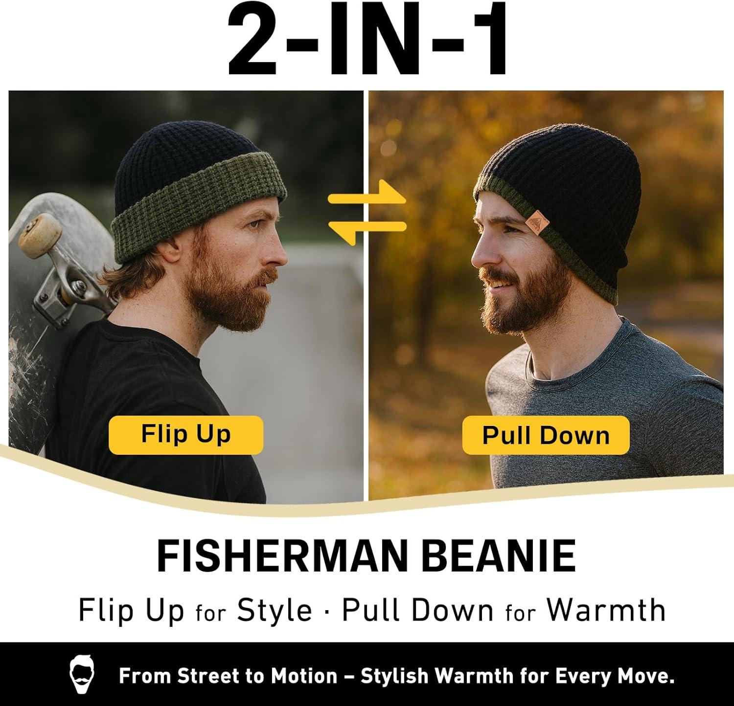 imagePolarWool LXLXXL Merino Wool Waffle Fisherman Beanie Watch Cap DualLayer 2 Styles Warm Winter Knit Hat for Men WomenBlackOliveranger