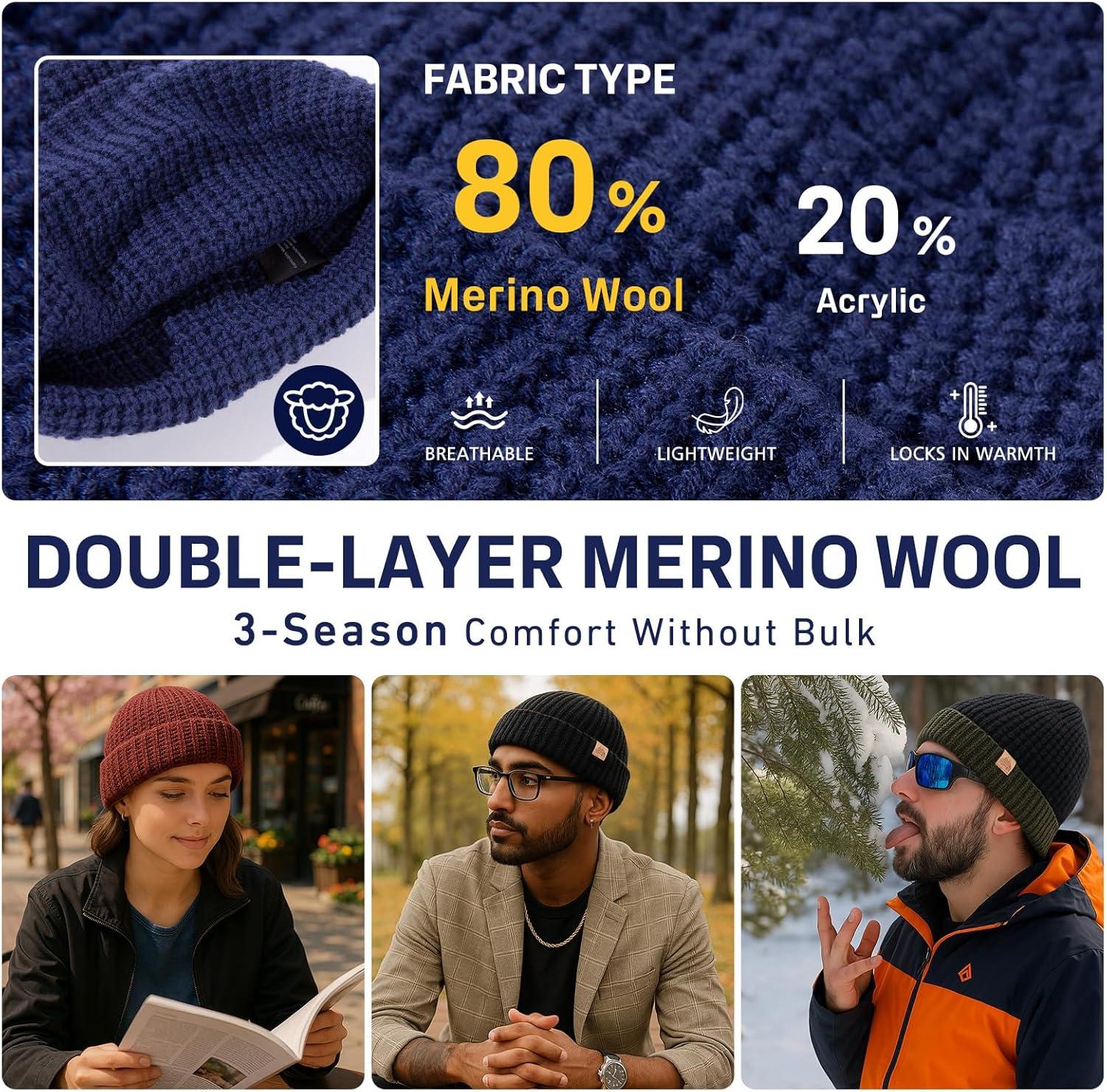 imagePolarWool LXLXXL Merino Wool Waffle Fisherman Beanie Watch Cap DualLayer 2 Styles Warm Winter Knit Hat for Men WomenBlackOliveranger