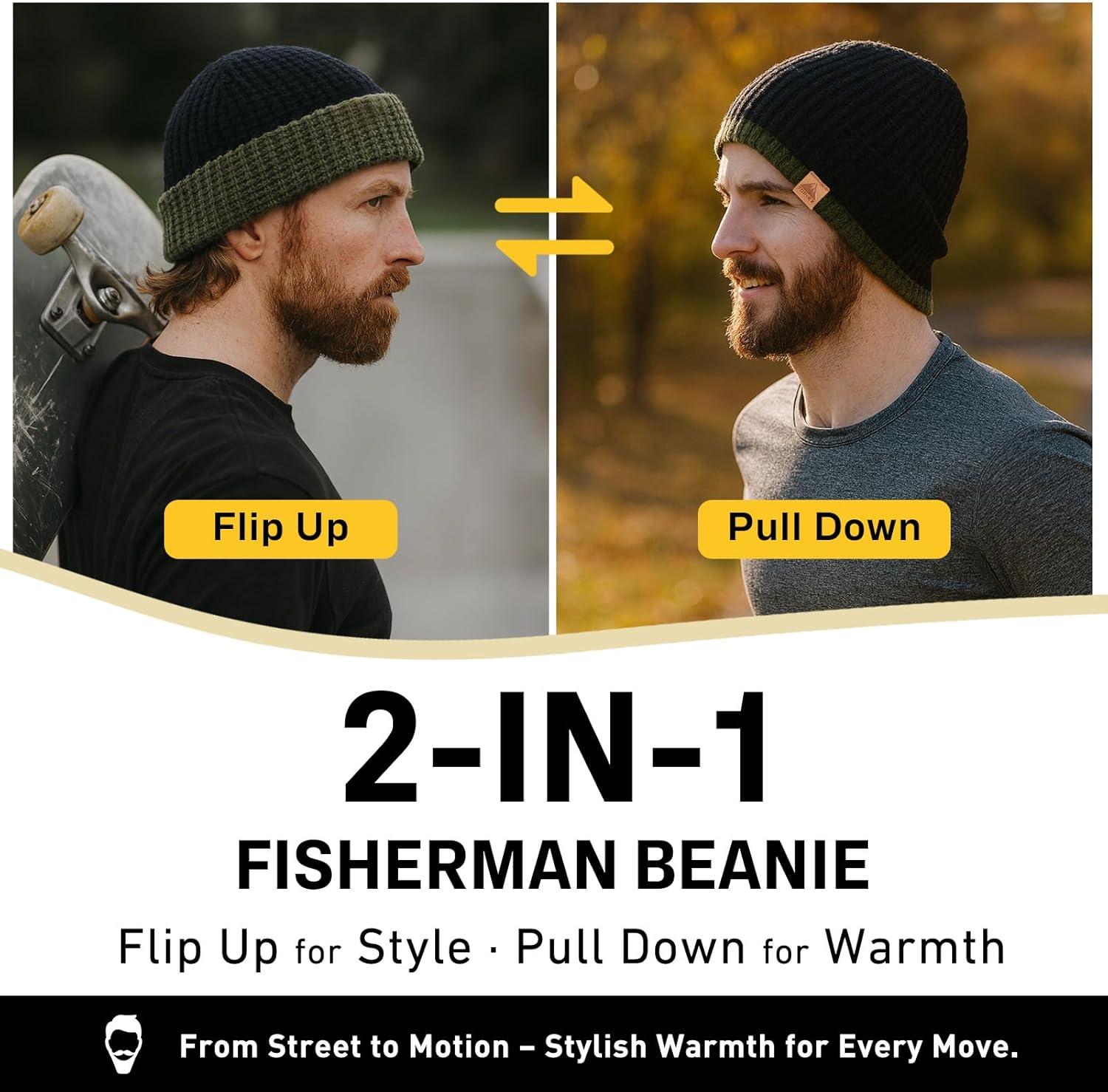 imagePolarWool LXLXXL Merino Wool Waffle Fisherman Beanie Watch Cap DualLayer 2 Styles Warm Winter Knit Hat for Men WomenBlacksentinel
